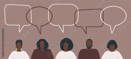 Black People Silhouettes. Community of Black Men and Black Women. Communication of Men and Women. People Icons with Speech Bubbles. Vector Illustration in Brown White Colors