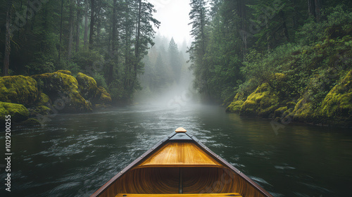 Misty Morning Canoe Adventure on Oregon's Rogue River: Ethereal Fog, Lush Evergreens, and Gentle Rapids in a High-Resolution Ethereal Landscape.