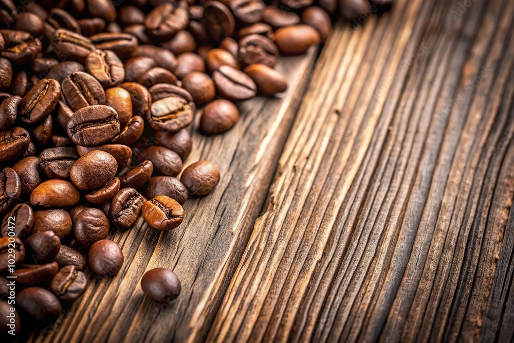 Forced perspective coffee bean decoration on wooden surface background Forced perspective coffee bean decoration on wooden surface background