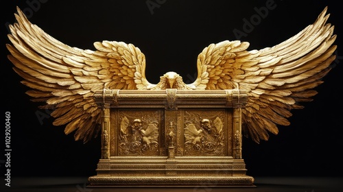 A golden ark of the covenant with outstretched wings against a black background.