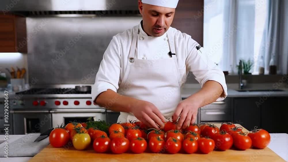 Chef Arranging Fresh Tomatoes in Kitchen Chef Arranging Fresh Tomatoes in Kitchen