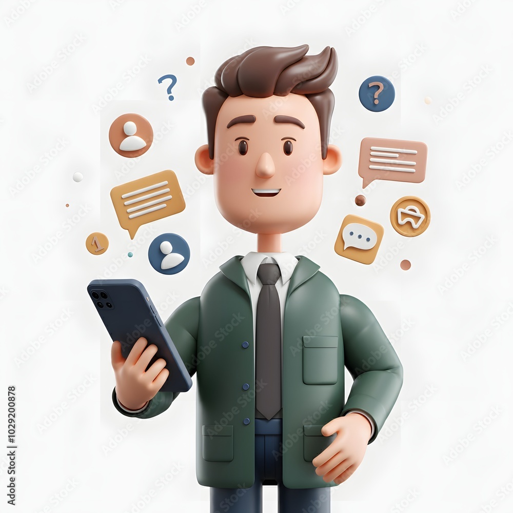 3D illustration of a character holding a smartphone, surrounded by colorful social media icons and communication symbols, set against a solid white background. Ideal for digital communication 3D illustration of a character holding a smartphone, surrounded by colorful social media icons and communication symbols, set against a solid white background. Ideal for digital communication