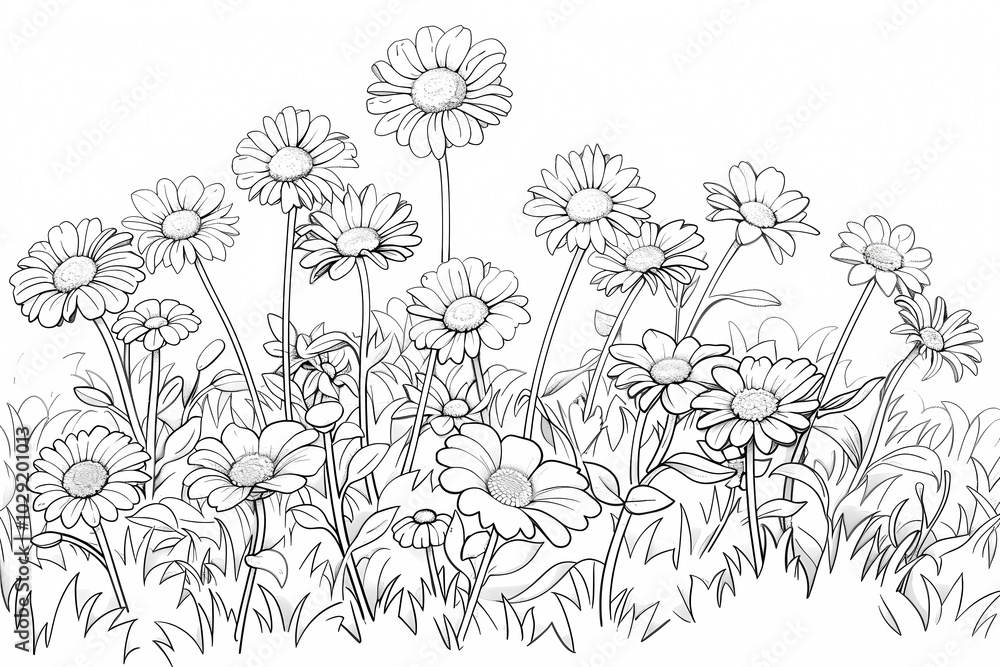 A detailed black and white illustration of blooming daisies, showcasing intricate floral designs in a lush garden setting. A detailed black and white illustration of blooming daisies, showcasing intricate floral designs in a lush garden setting.