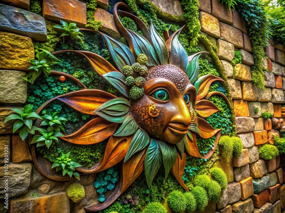 Obraz premium Artistic Metal Sculpture Surrounded by Lush Greenery on a Stone Wall