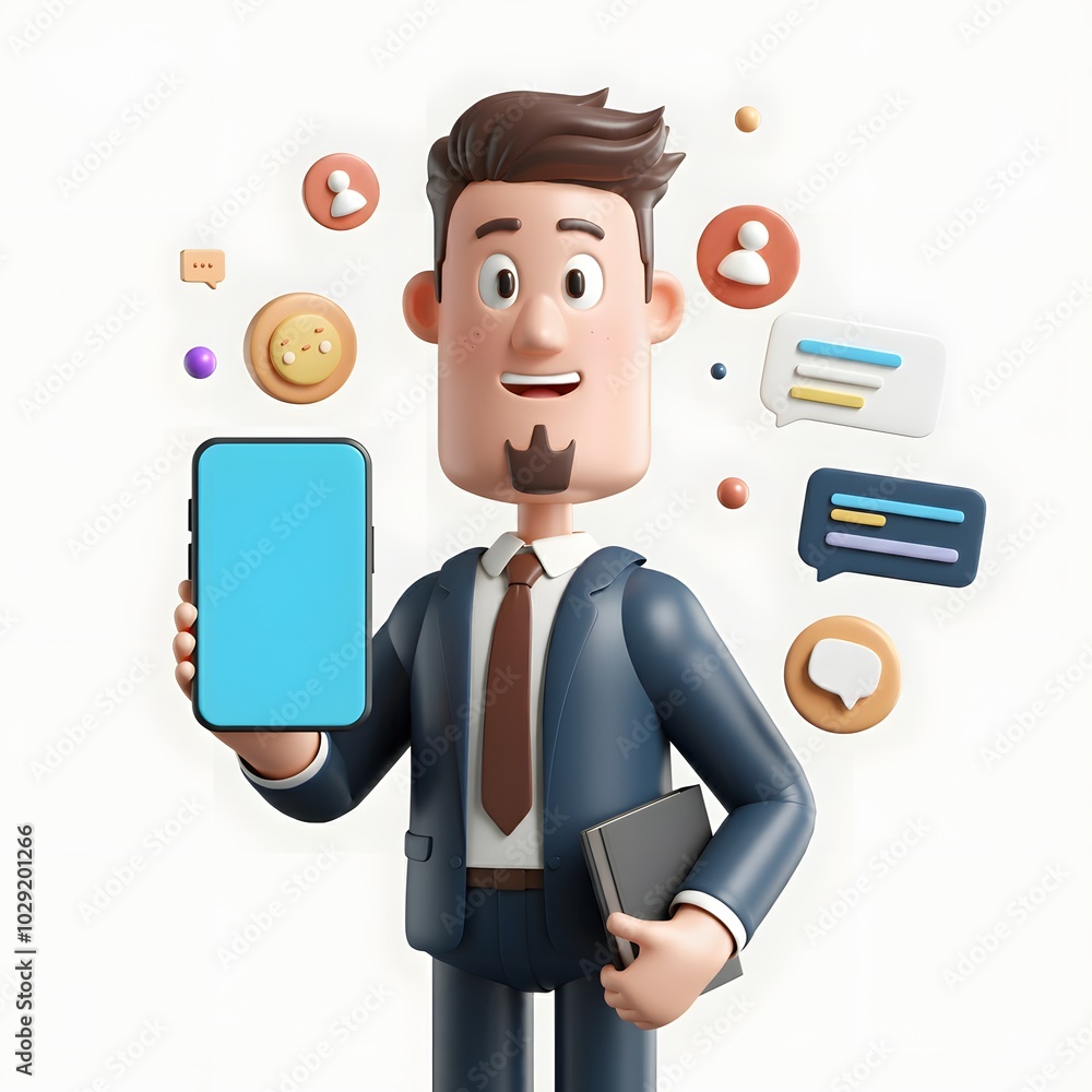 3D illustration of a character holding a smartphone, surrounded by colorful social media icons and communication symbols, set against a solid white background. Ideal for digital communication 3D illustration of a character holding a smartphone, surrounded by colorful social media icons and communication symbols, set against a solid white background. Ideal for digital communication