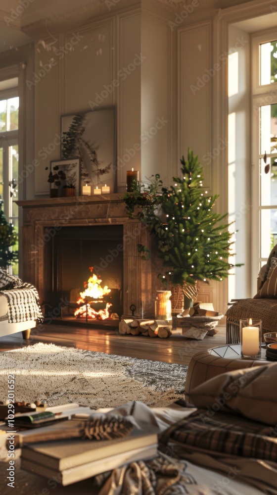 Cozy living room with a fireplace and comfortable seating, 4K hyperrealistic photo Cozy living room with a fireplace and comfortable seating, 4K hyperrealistic photo