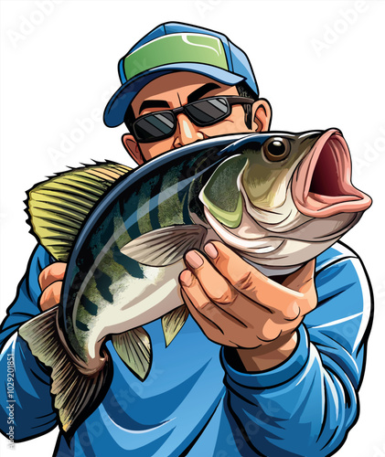 Fisherman holding big fish smiling cartoon illustration-