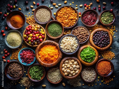 Assortment of Grains and Legumes in Bowls - Double Exposure Photography for Culinary Art