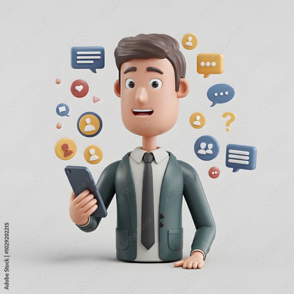 3D illustration of a character holding a smartphone, surrounded by colorful social media icons and communication symbols, set against a solid white background. Ideal for digital communication 3D illustration of a character holding a smartphone, surrounded by colorful social media icons and communication symbols, set against a solid white background. Ideal for digital communication