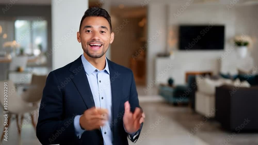 Successful realtor, businessman talking. Presenting a new home.