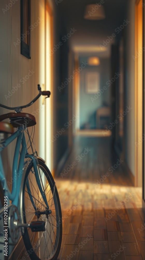 Bicycle parked in the hallway, 4K hyperrealistic photo Bicycle parked in the hallway, 4K hyperrealistic photo