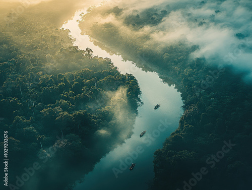 Aerial view of dense forest with winding river, shrouded in mist