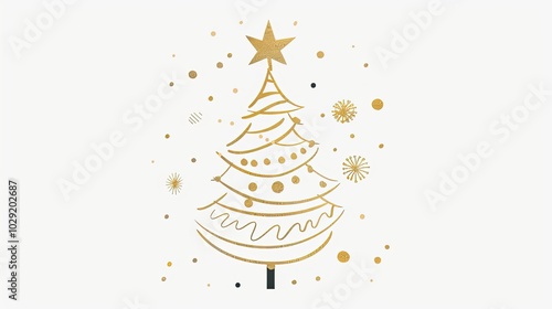 Golden Christmas tree vector line art