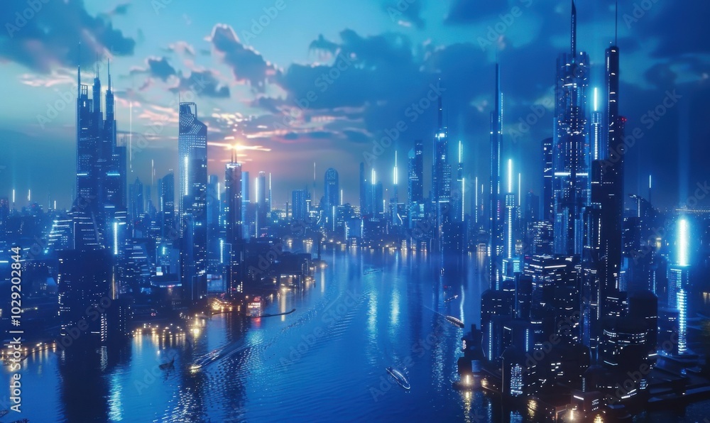 Fototapeta premium High-tech futuristic city skyline, 4K hyperrealistic photo
