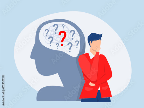 Imposter syndrome thinking mind ,shadow man standing for adoubt question mark with Anxiety and lack of self confidence at work, the person fakes is someone else concept vector