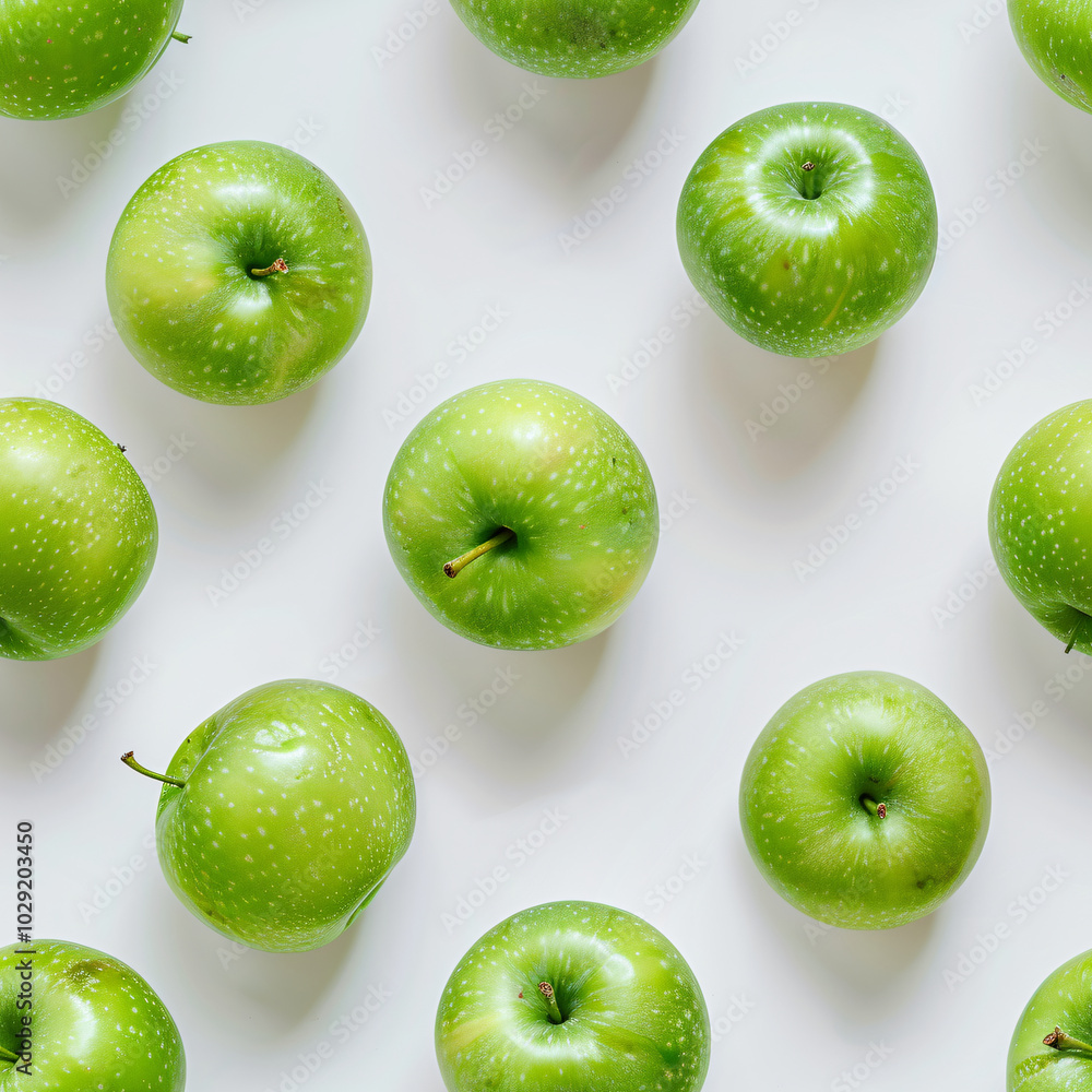 Fototapeta premium Green red apple on a white background. Seamless pattern of fresh harvest, for backdrops, wallpapers, prints and textiles.