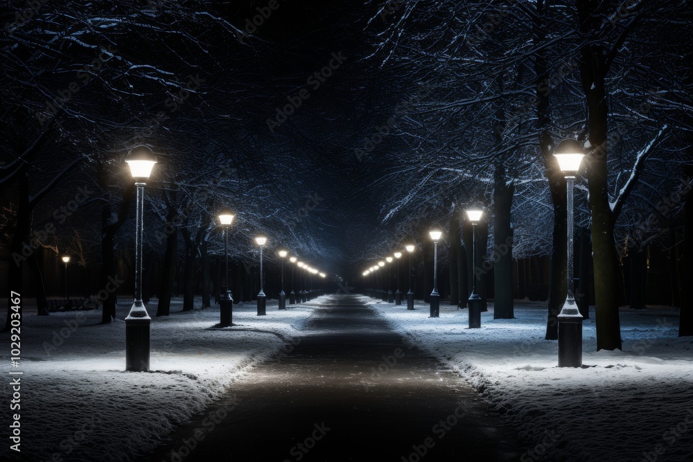 Minimalist winter landscape with illuminated street lights in black and dark blue tones Minimalist winter landscape with illuminated street lights in black and dark blue tones