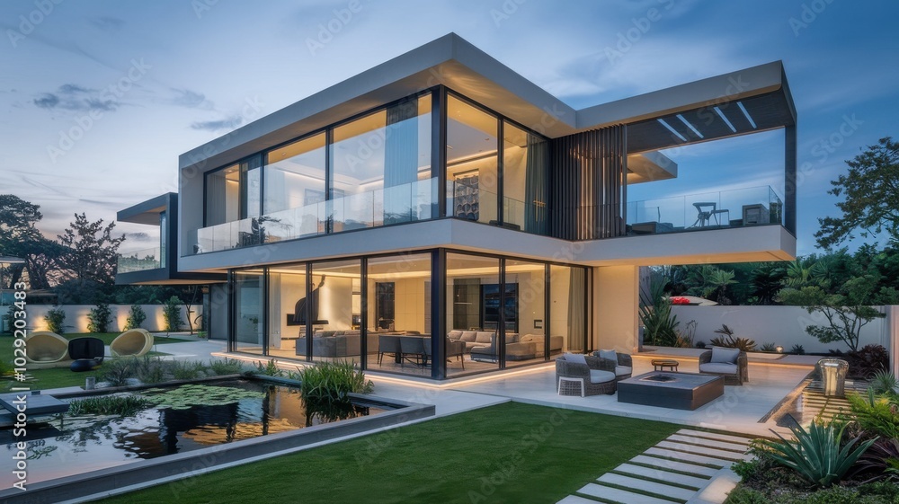 Modern contemporary house design with large windows and outdoor living space. Modern contemporary house design with large windows and outdoor living space.