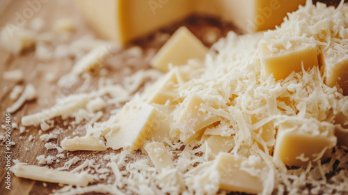 Creamy white cheese shavings scattered on wooden surface, creating delicious scene