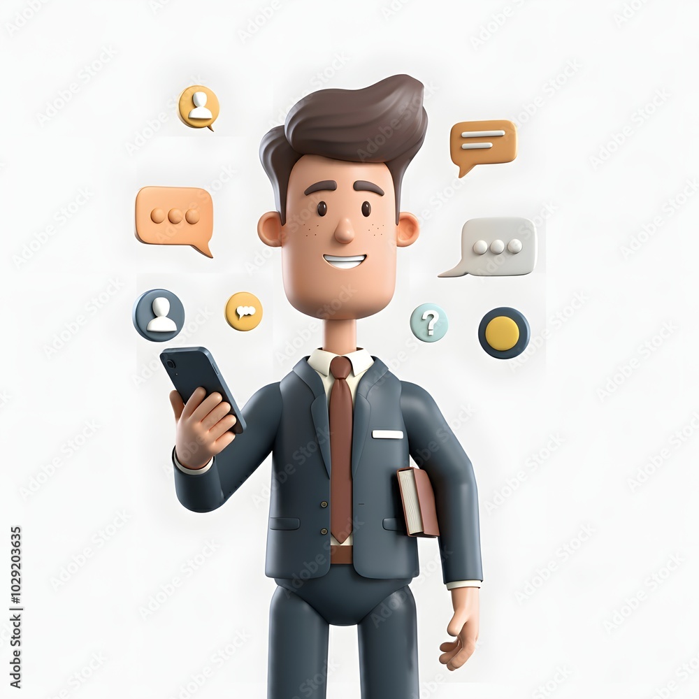 3D illustration of a character holding a smartphone, surrounded by colorful social media icons and communication symbols, set against a solid white background. Ideal for digital communication 3D illustration of a character holding a smartphone, surrounded by colorful social media icons and communication symbols, set against a solid white background. Ideal for digital communication