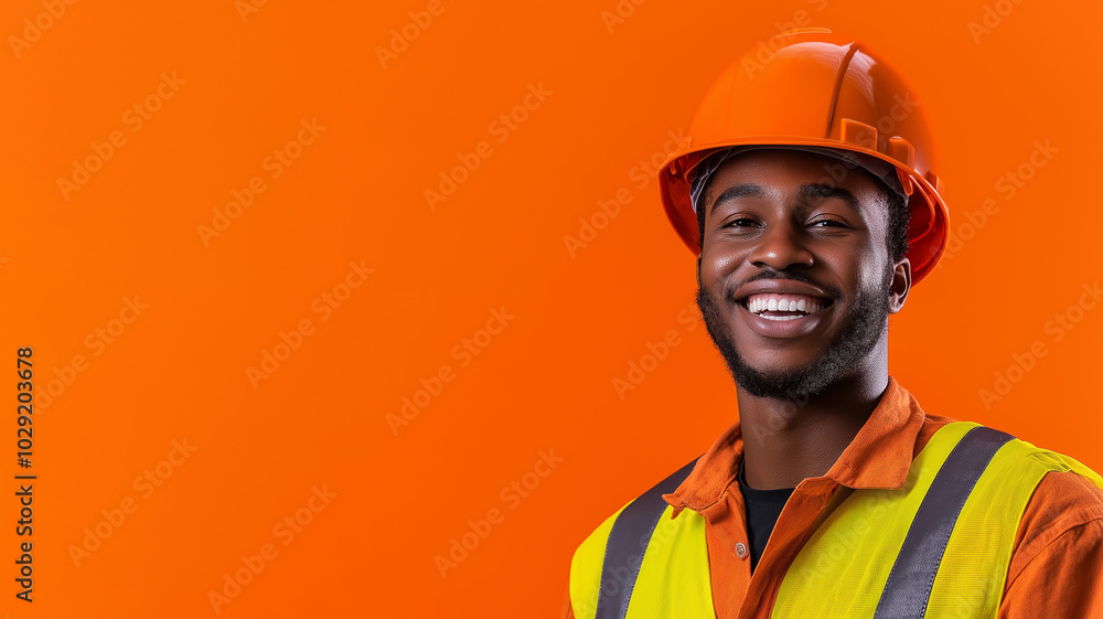 A construction worker wearing a helmet, smiling, with a solid orange background A construction worker wearing a helmet, smiling, with a solid orange background