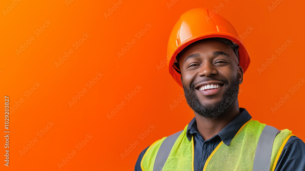 a construction worker wearing a helmet smiling with a solid orange background a construction worker wearing a helmet smiling with a solid orange background