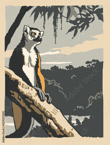 Lemur poster perched on a branch high above a lake in Madagascar, national park, vintage flat design, abstract silhouette, minimal color, 2D vector travel art