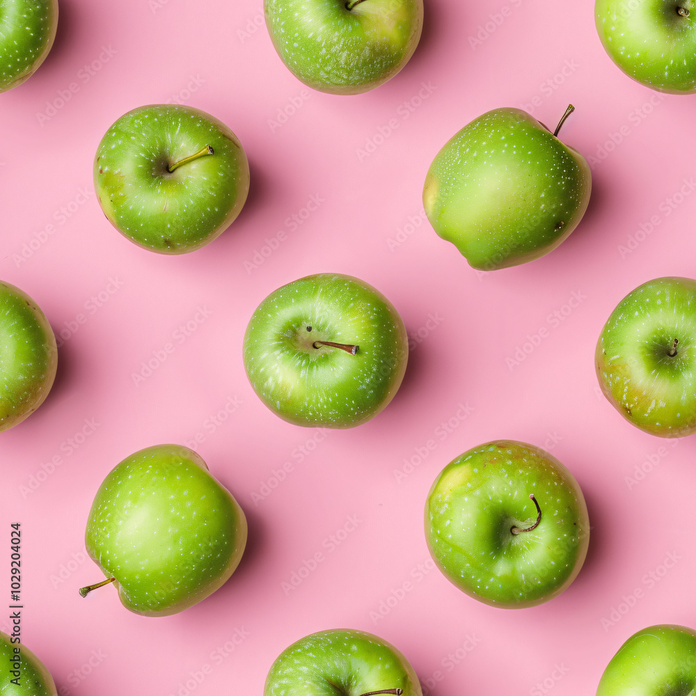 Green red apple on a pink background. Seamless pattern of fresh harvest, for backdrops, wallpapers, prints and textiles. Green red apple on a pink background. Seamless pattern of fresh harvest, for backdrops, wallpapers, prints and textiles.