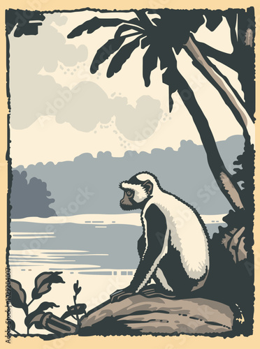 Vervet monkey poster illustration featuring a lake scene in a national park, vintage flat design with limited colors, abstract silhouette style, 2D vector travel art