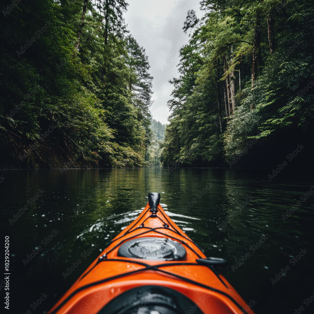 Fototapeta premium peaceful kayaking experience on scenic river surrounded by lush greenery