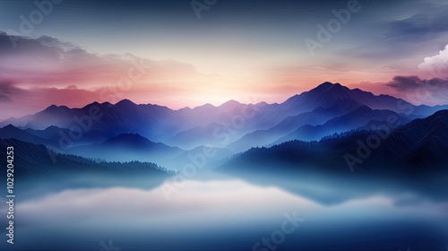 Experience a serene digital landscape featuring flowing waves, majestic mountains, and calm water, all harmonizing in pastel hues that evoke tranquility and beauty photo