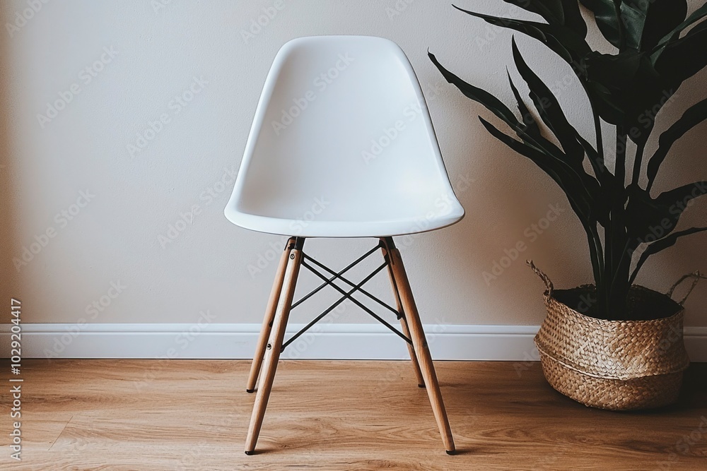 Fototapeta premium White Plastic Chair with Wooden Legs and a Woven Basket