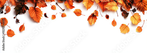 Autumn border made of colorful autumn leaves on a white background with copy space, a wide banner template for fall season promotion ads or advertising text message cards. photo