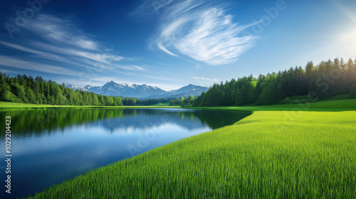 Lush green landscape with serene lake and mountains in background