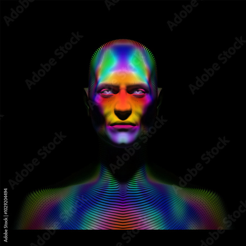 Face of color. Background design of human profile and colorful moving paint lines on the theme of creativity, design, inner world, human nature and artistic soul. vector illustration
