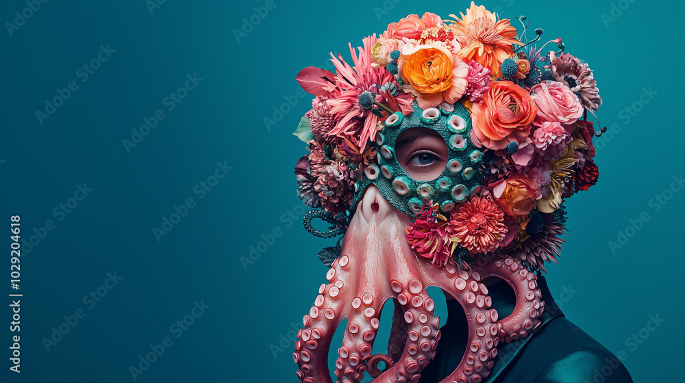 Woman with Floral Octopus Mask and Flower Crown: Surreal Portrait Photography Woman with Floral Octopus Mask and Flower Crown: Surreal Portrait Photography