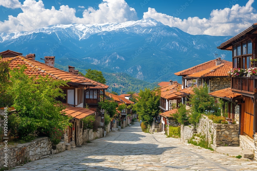 A picturesque view of a traditional mountain village featuring stone-built houses with vibrant red tiled roofs, nestled under the backdrop of snow-capped mountains and a bright blue sky. A picturesque view of a traditional mountain village featuring stone-built houses with vibrant red tiled roofs, nestled under the backdrop of snow-capped mountains and a bright blue sky.