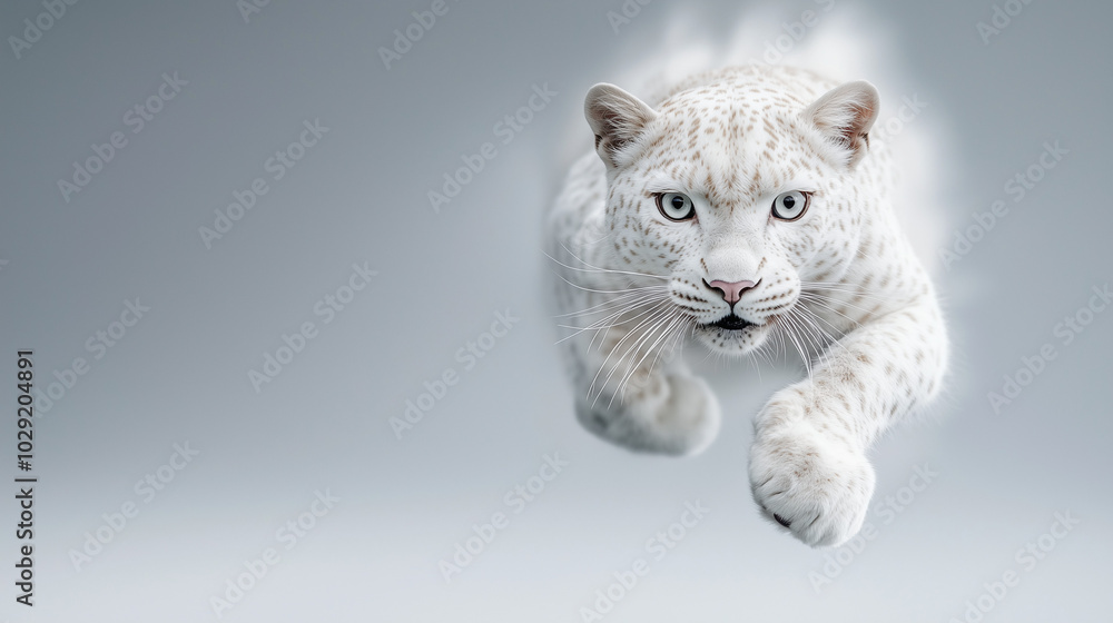 White Leopard Running Towards Camera - Wild Animal Portrait White Leopard Running Towards Camera - Wild Animal Portrait