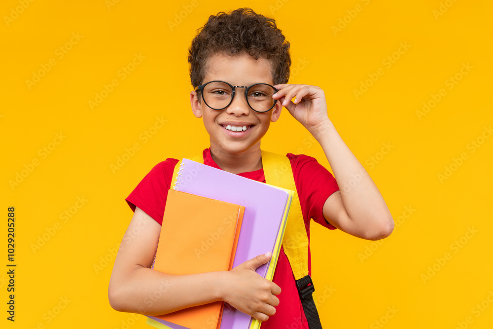 Close up portrait of happy smiling confident African American schoolkid posing in studio with a pile of books in hand, isolated over bright colored orange yellow background Close up portrait of happy smiling confident African American schoolkid posing in studio with a pile of books in hand, isolated over bright colored orange yellow background