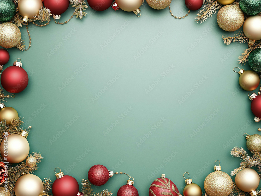 Luxurious Christmas party invitation template design, gold, green, and red colors, edges decorated with Christmas ornaments Luxurious Christmas party invitation template design, gold, green, and red colors, edges decorated with Christmas ornaments