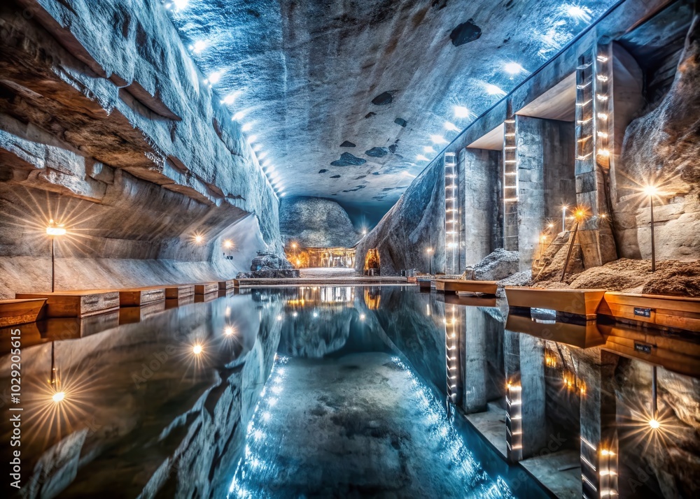 Obraz premium Stunning Interior of Targu Ocna Salt Mine with Unique Geological Features and Ample Copy Space for Creative Use