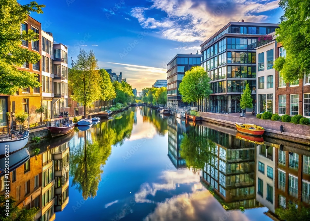 Fototapeta premium Bajeskwartier Urban District and Weespertrekvaart Canal in Amsterdam - Scenic Landscape Photography