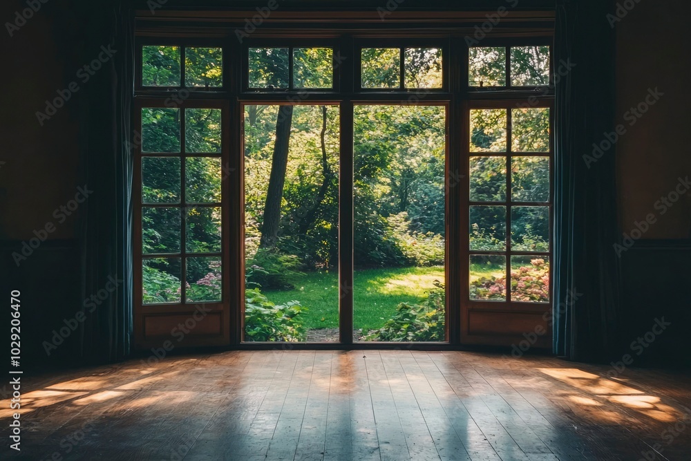 Fototapeta premium Sunlit Wooden Floor with Open French Doors Leading to a Lush Garden