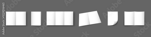 White sheets of A4 paper folded in half. Simple, isolated, blank white page layout with curves. Catalog page. Vector illustration on a gray background.