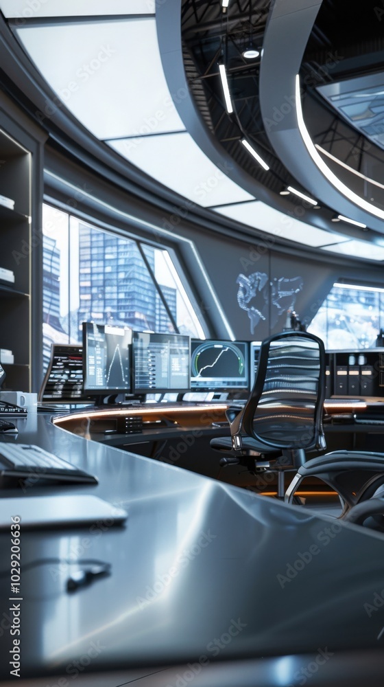 Fototapeta premium High-tech office space with ergonomic furniture and computers, 4K hyperrealistic photo