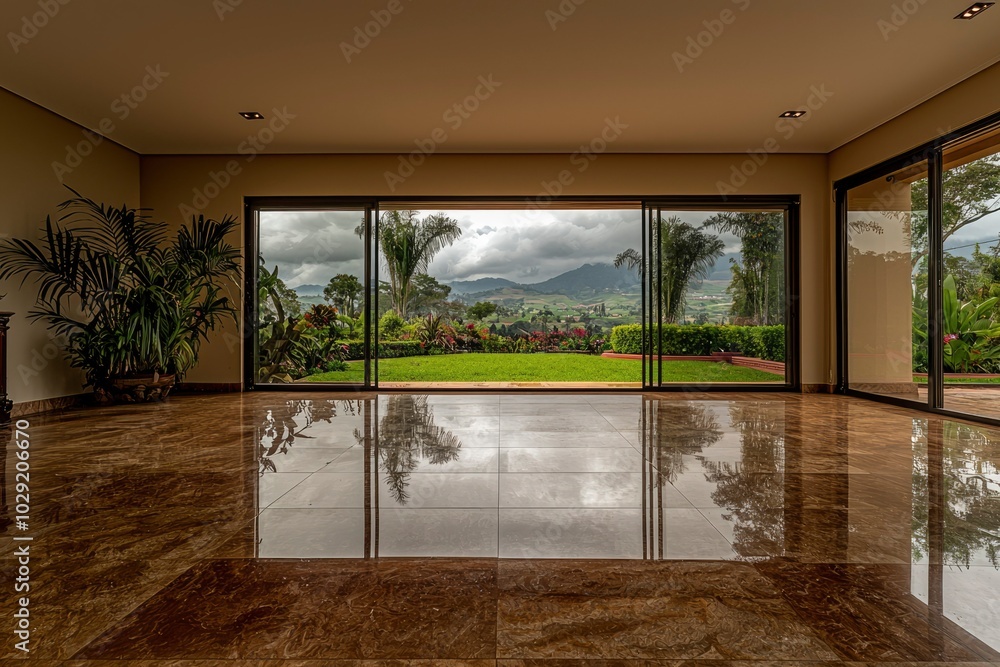Fototapeta premium Reflective Interior with View of Lush Green Landscape and Mountain Range
