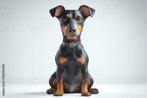 Cute Manchester Terrier: A Manchester Terrier sitting with its sleek, black-and-tan coat against a white background. photo