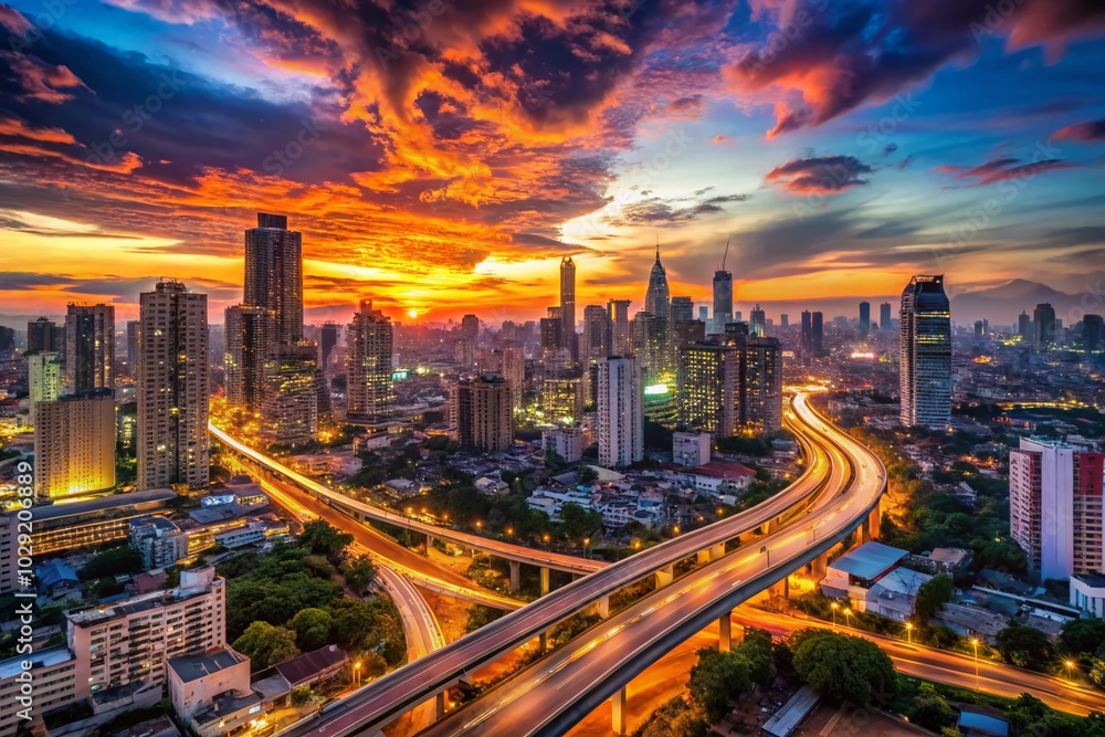 Bangkok Skyline at Sunset: Urban Highway Traffic and Cityscape Motion Photography Bangkok Skyline at Sunset: Urban Highway Traffic and Cityscape Motion Photography