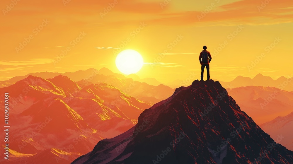 Fototapeta premium Hiker Man Standing on Top of Mountain Peak Summit at Sunset Golden Hour