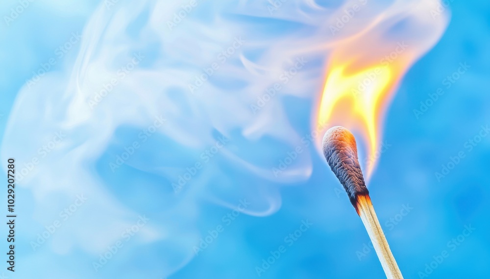 A close-up of a lit matchstick with flames and smoke against a blue background. A close-up of a lit matchstick with flames and smoke against a blue background.